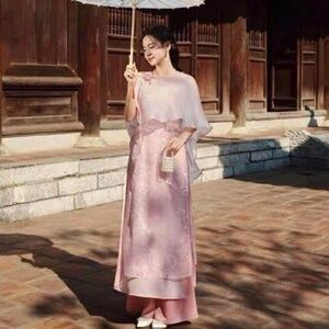New Vietnamese Women Traditional Modern Dress Ao Dai S Pink 3pcs Set